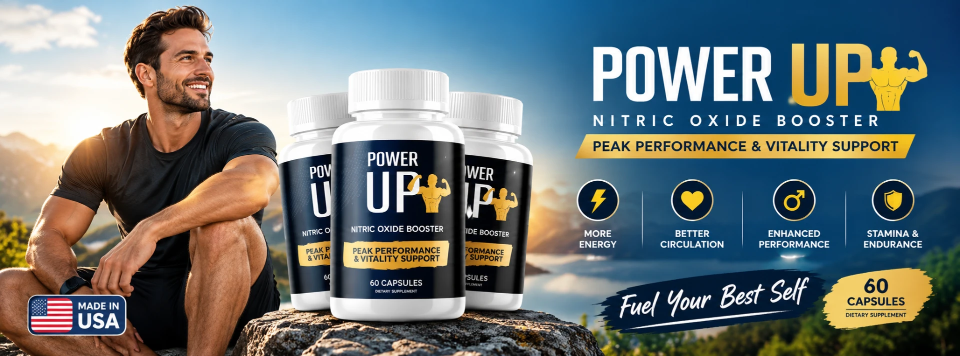 PowerUP nitric oxide booster bottles with an active man outdoors